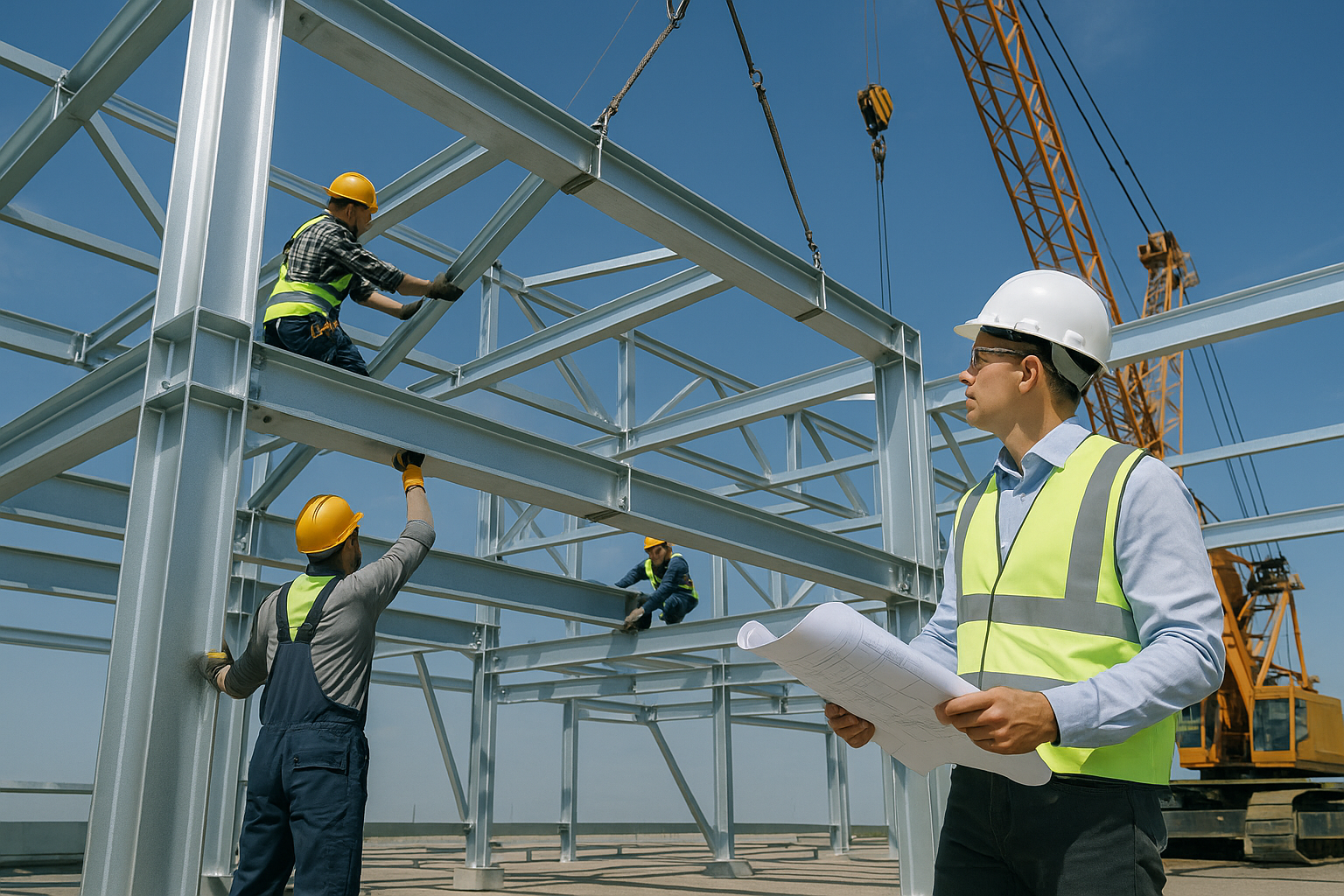 Montaje de estructura metálica por equipo APC SAS en obra.
